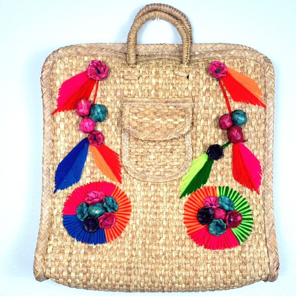 Oversized Vintage Wicker and Straw Woven and Neon Embroidered Boho Summer Bag